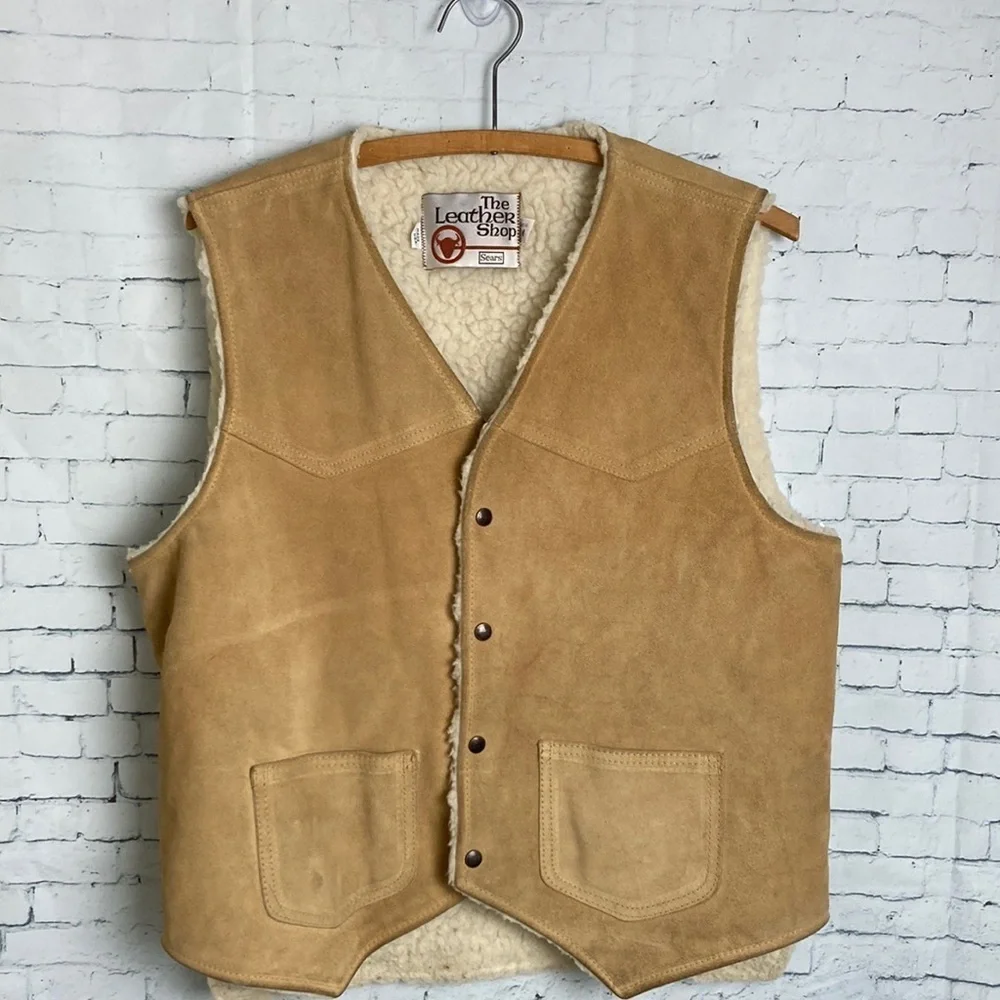 Vintage The Leather Shop Sears Suede Vest Faux Shearling Lining M Western Rodeo